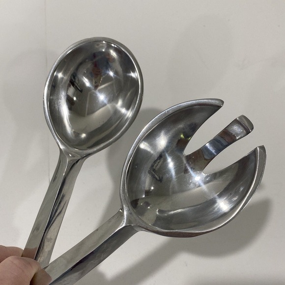 Mod Silver Tone Serving Fork & Spoon Set White Stone Shell Inlay Made in India - Picture 8 of 8